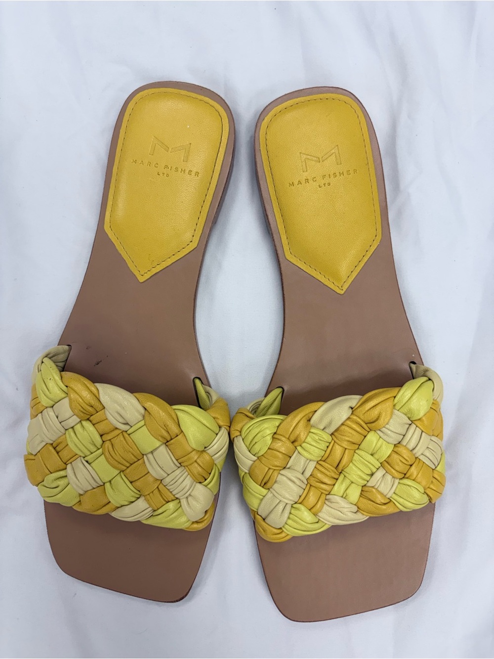 Marc Fisher Braided Slide Sandals in Yellow and Cream